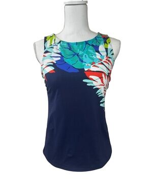 High Neck Tankini Swimsuit Top Navy Tropical Print Lands' End-Size 8